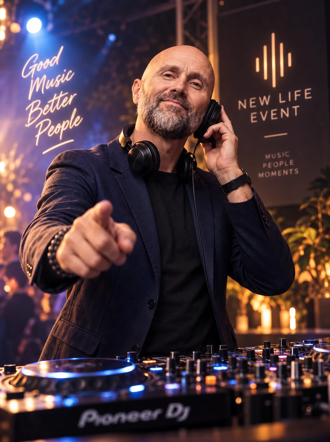 Portrait d’un DJ aux platines Pioneer, dans l’univers New Life Event