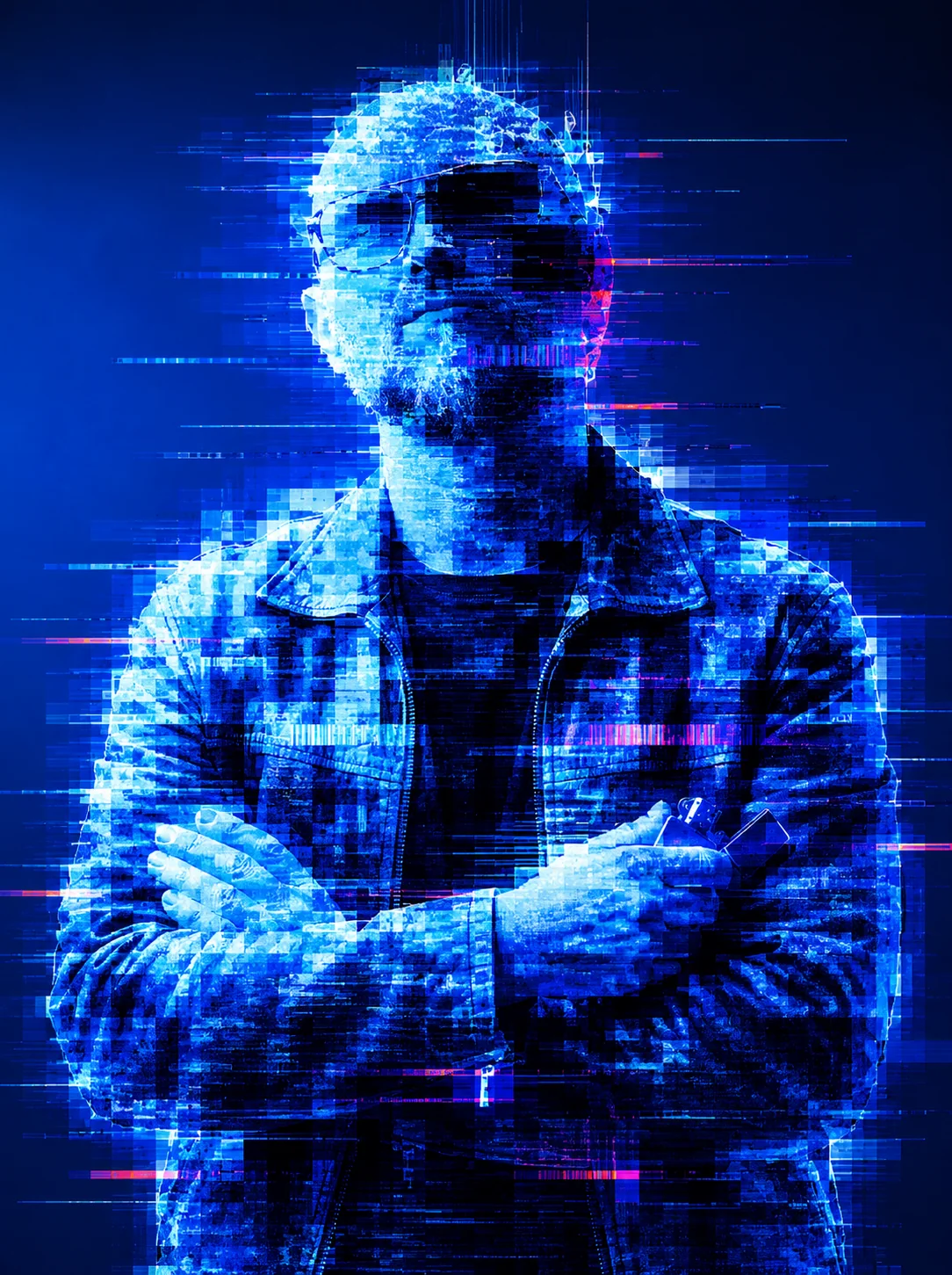 Portrait transformé par IA, effet glitch bleu et lignes numériques